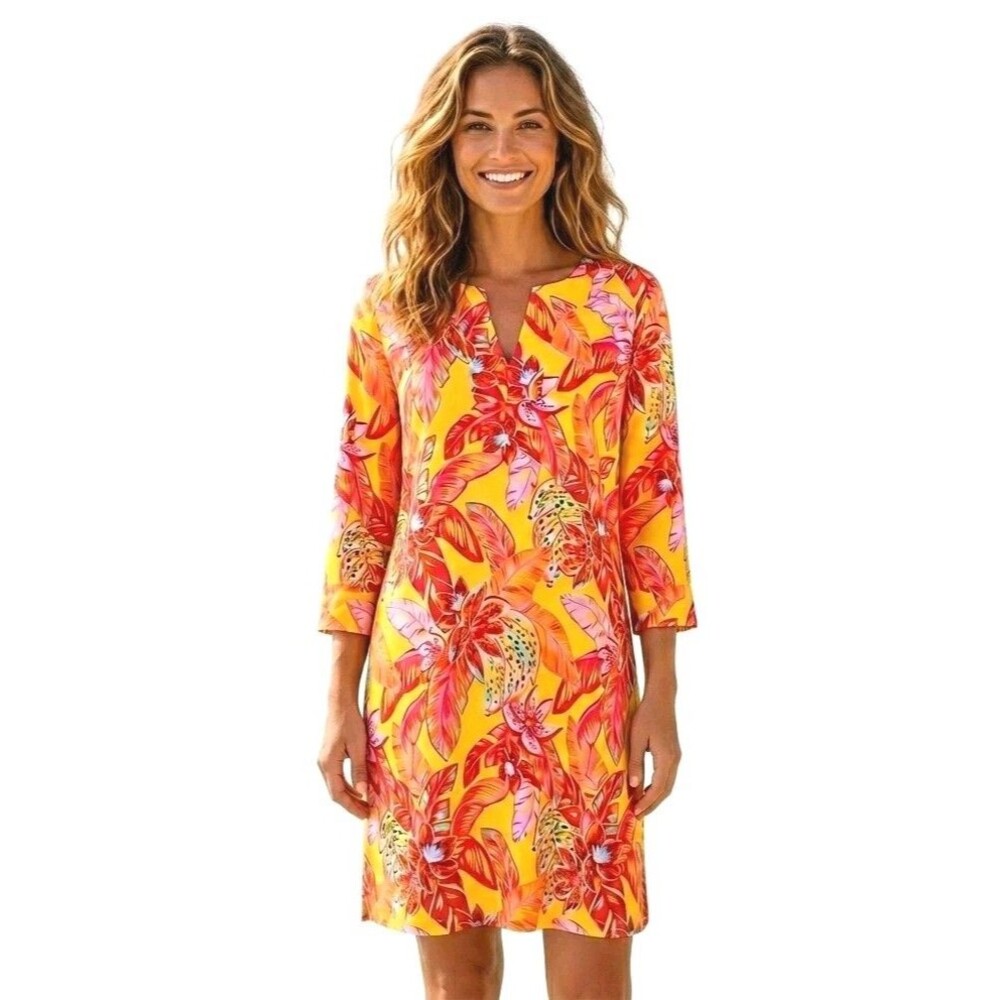 ​Caribbean Joe Dress 1X Plus Yellow Tropical Floral Knit Notch Neck Shift Summer